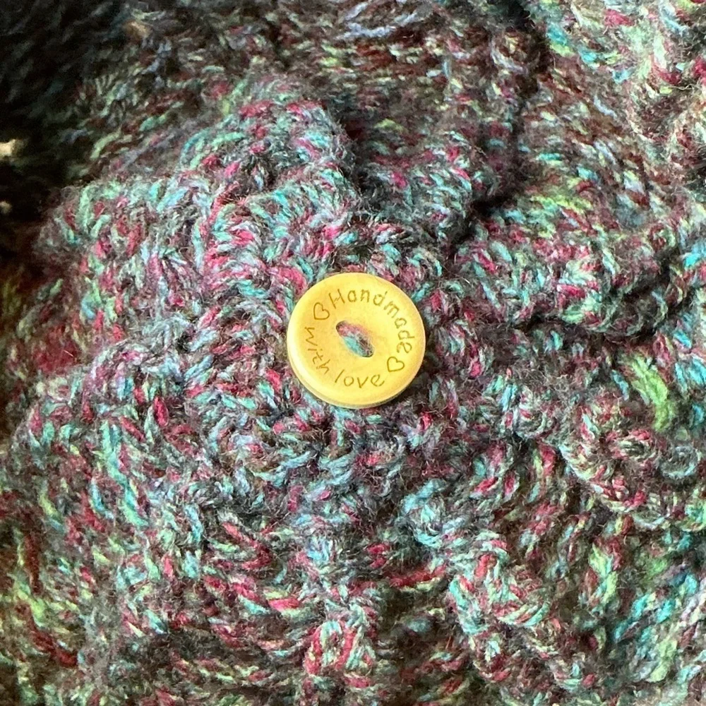 Cable Knit Crochet Beanie Hat Handcrafted With Faux Fur Pom Handmade Purple Blue